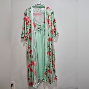 Satin bathrobe and pajamas  set by Sindrella size large women's green pink new